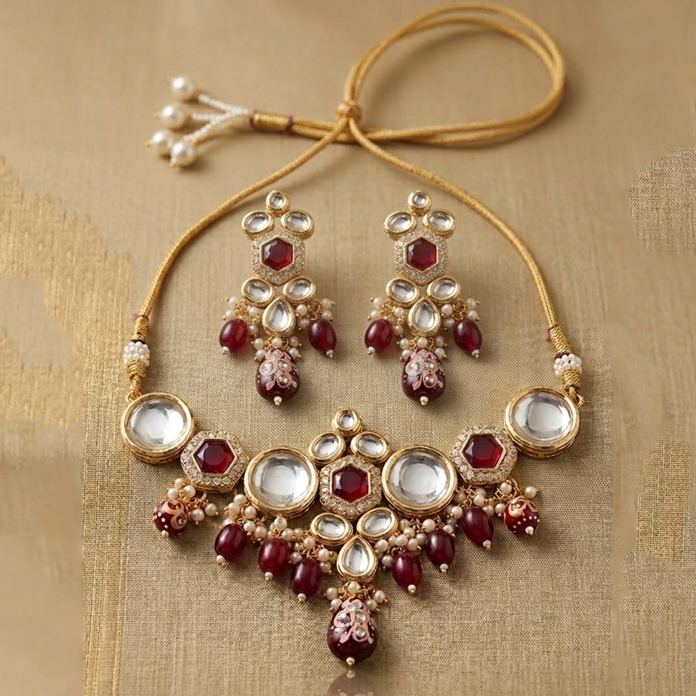 Handcrafted Ruby Kundan Bridal Necklace Set with Pearl Embellishments